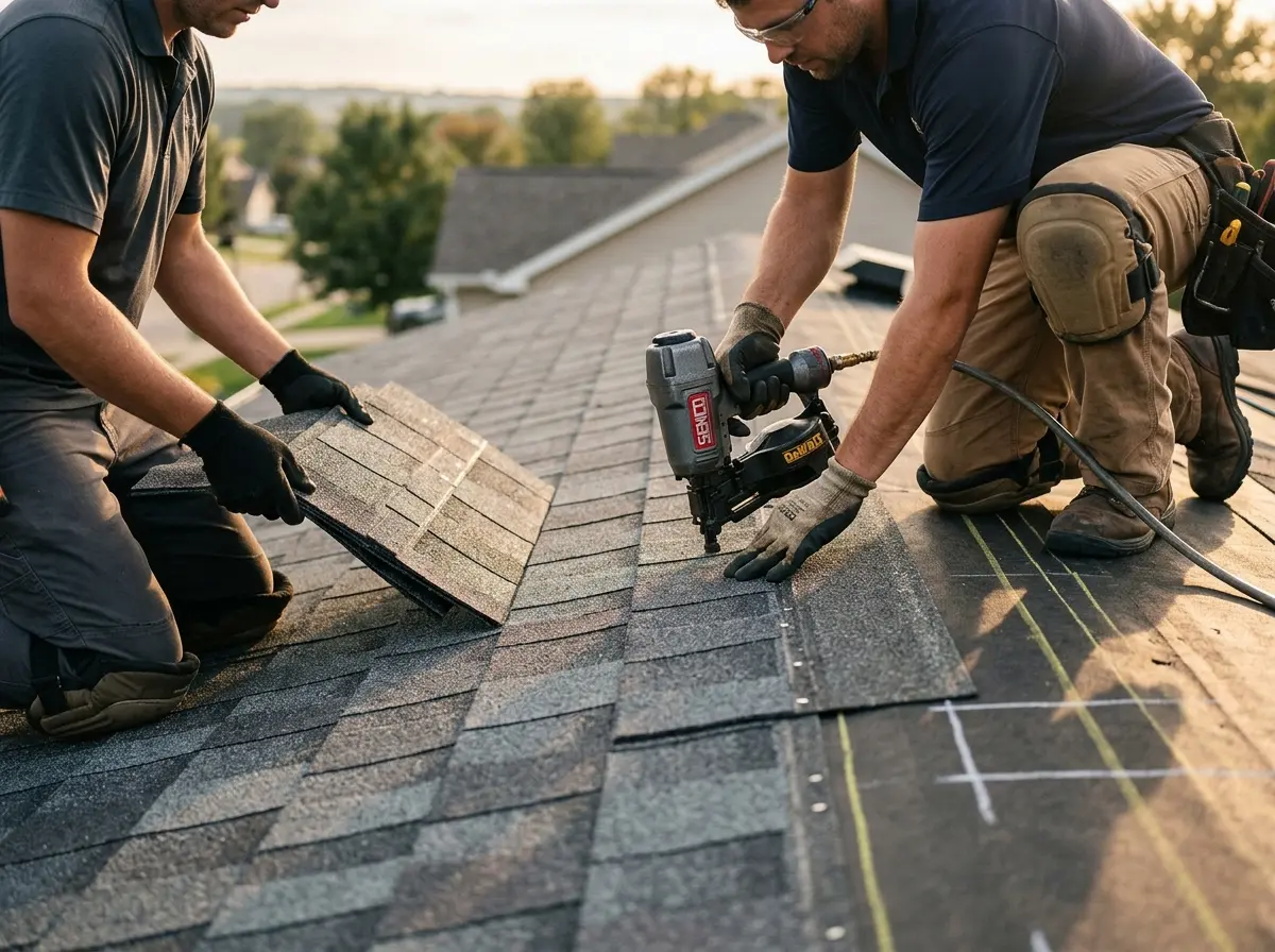Professional roofer working on a residential roof in Windham